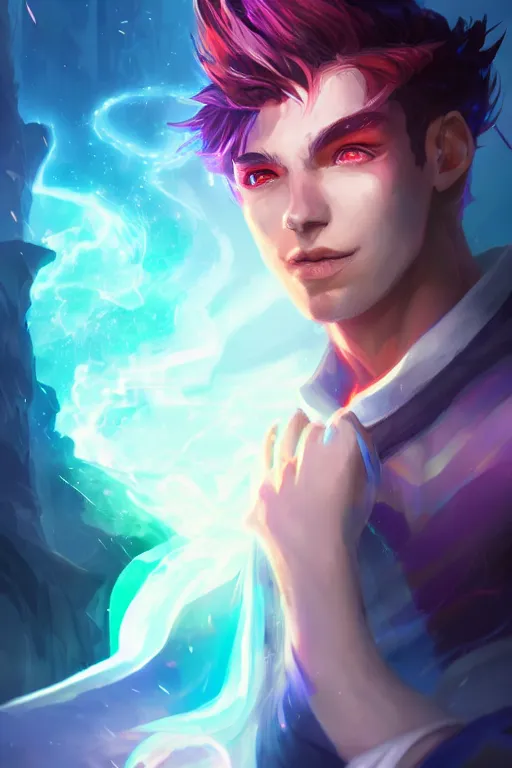 Prompt: a human elemental sorcerer, blurred environment background, colorful magic effects, white skin, portrait, male, clothed, sharp focus, digital art, concept art, trending on artstation, dynamic lighting, by emylie boivin and rossdraws