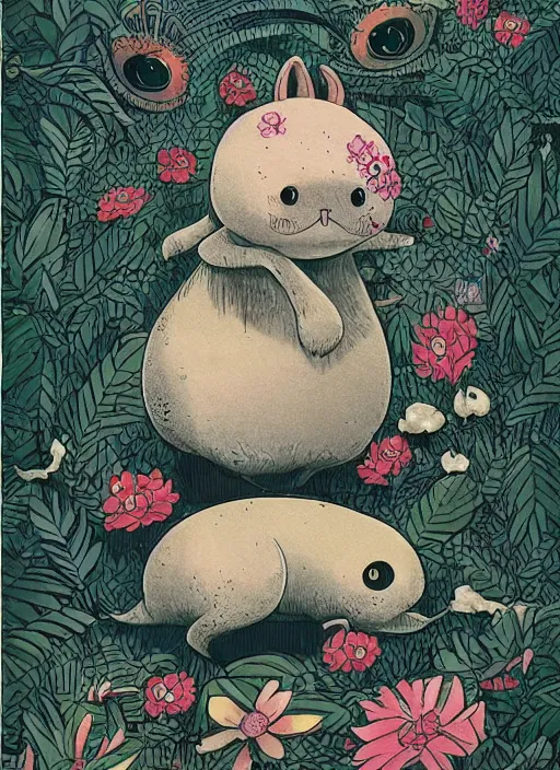 Prompt: a beautiful japanese magazine cover of a cute strange animal, illustrated by miyazaki, highly detailed, concept art, trending, poster