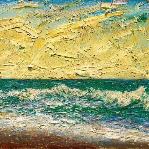 Image similar to oil paint impasto relief, beautiful italian beach scene, rough sea, multi layered thick brush marks, some splattered paint, in the style of ivan shishkin and frank auerbach and van gogh and signac