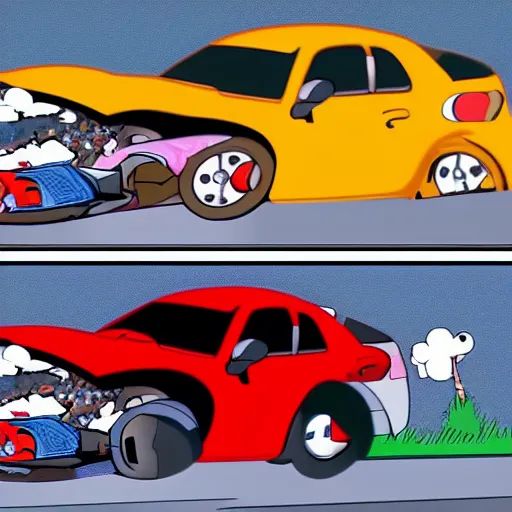 Image similar to a before and after shot of a cartoon car accident, hd cinematic cartoon,