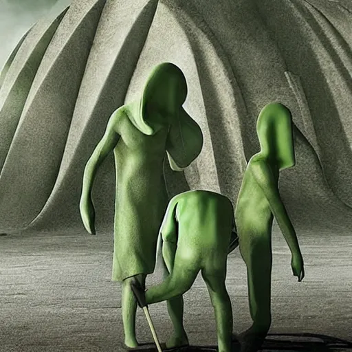 Prompt: a group of green monks and a beautiful, vast, photo - realistic, surreal, and mysterious sci - fi structure outside under the sky. trending on gothic art.