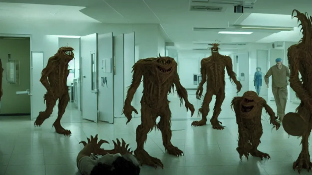 Image similar to monsters invade the hospital, film still from the movie directed by denis villeneuve and david cronenberg with art direction by salvador dali