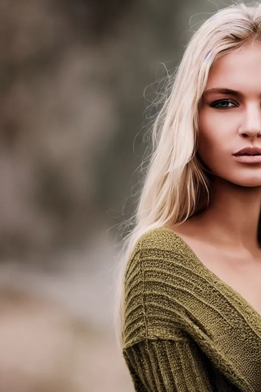 Image similar to olive skinned blonde female model in her twenties, wearing a v - neck sweater, looking content, focused on her neck, photo realistic, extreme detail skin, natural beauty, no filter, slr, golden hour, 4 k, high definition, selfie