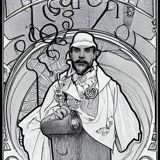 Image similar to cubicle man in the style of alphonse mucha