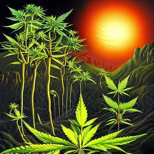 Prompt: surrealistic painting of cannabis trees on alien planet, by vladimir kush