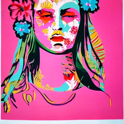 Prompt: 70s graphic design poster with a woman’s face, flower child, groovy, retro, hippie, pink tones