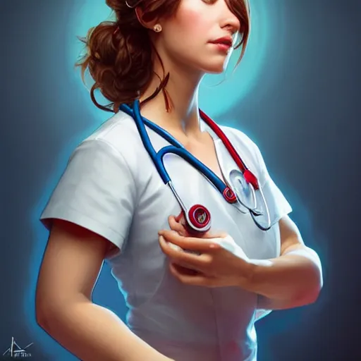 Image similar to an beautiful female nurse with short sleeves, perfectly-centered-Portrait of a most beautiful woman it the world, intricate, highly detailed, digital painting, artstation, concept art, smooth, sharp focus, illustration, Unreal Engine 5, 8K, art by artgerm and greg rutkowski and alphonse mucha