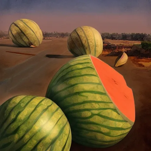 Image similar to melons conquer earth, salman toor, atmospheric effect, cinematic light