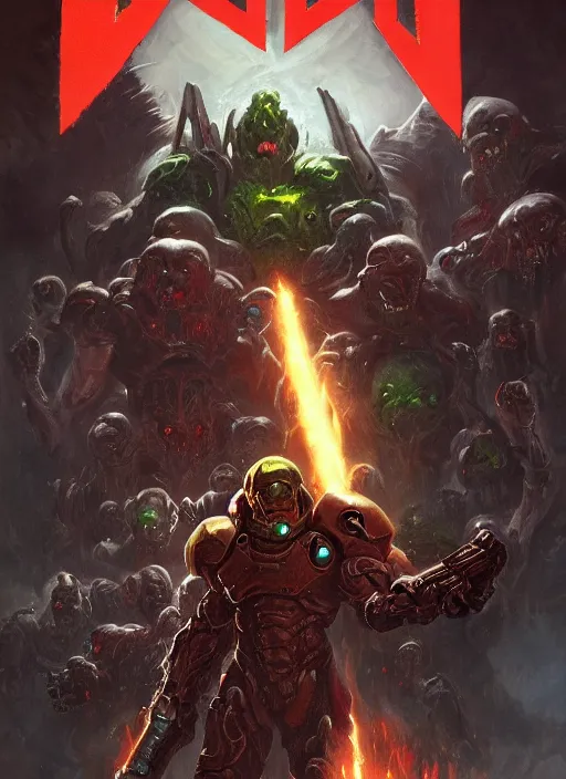 Image similar to ( doom ) cover featuring doom slayer!! by kenneth scott and frank frazetta, artstation, vivid gaze