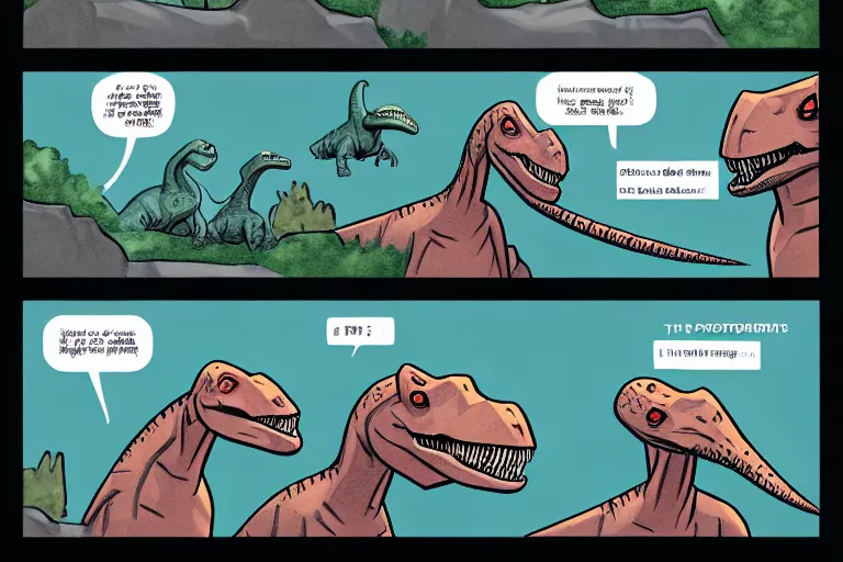 Image similar to a comic page with two dinosaurs speaking about asteroids