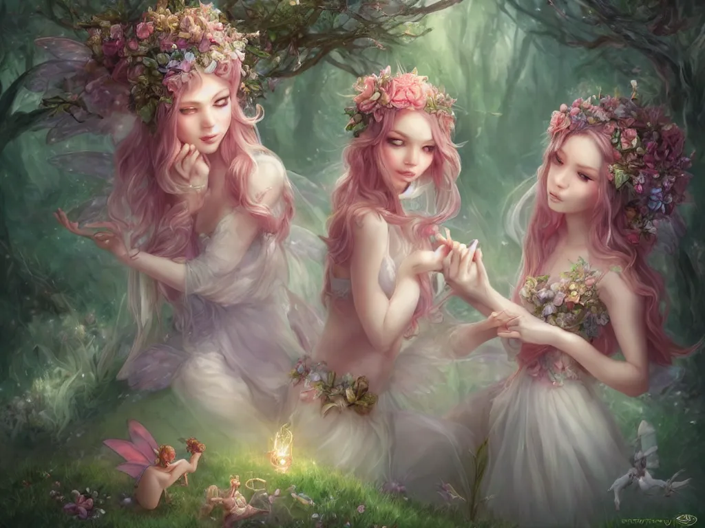 Image similar to two cute fairy in the dreamy forest, fantasy, dreamlike, 8 k resolution, hyper detailed, d & d, character design, digital painting, trending on artstation, sharp focus, illustration, art by artgerm, viktoria gavrilenko, hoang lap, fuji choko, steve zheng