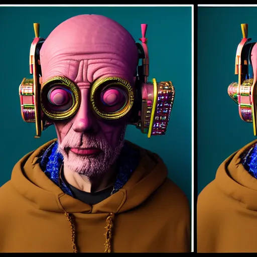 Image similar to Colour Photography of 1000 years old man with highly detailed 1000 years old face wearing higly detailed cyberpunk VR Headset designed by Josan Gonzalez . in style of Josan Gonzalez and Johannes Vermeer and Mike Winkelmann and Caspar David Friedrich. Rendered in Blender