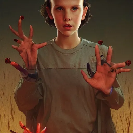 Image similar to Millie Bobby Brown from Stranger Things facing the camera with her hand outstretched with things floating all around her, fullbody, intricate, highly detailed, artstation, concept art, smooth, sharp focus, illustration, art by greg rutkowski and orientalism and bouguereau and Zdzislaw Beksinski, good clear quality, lighting, biology, symmetrical artwork, perfect face, 135 mm, cinematic, hyper realism, high detail, octane render, 8k, chrome accents