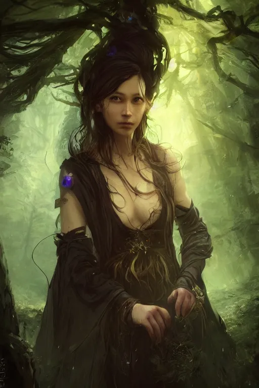 Image similar to a fancy close up illustrated portrait of a beautiful dark mage using magic in the forest by Greg Rutkowski, Sung Choi, Mitchell Mohrhauser, Maciej Kuciara, Johnson Ting, Maxim Verehin, Peter Konig, final fantasy , mythical, 8k photorealistic, cinematic lighting, HD, high details, atmospheric,