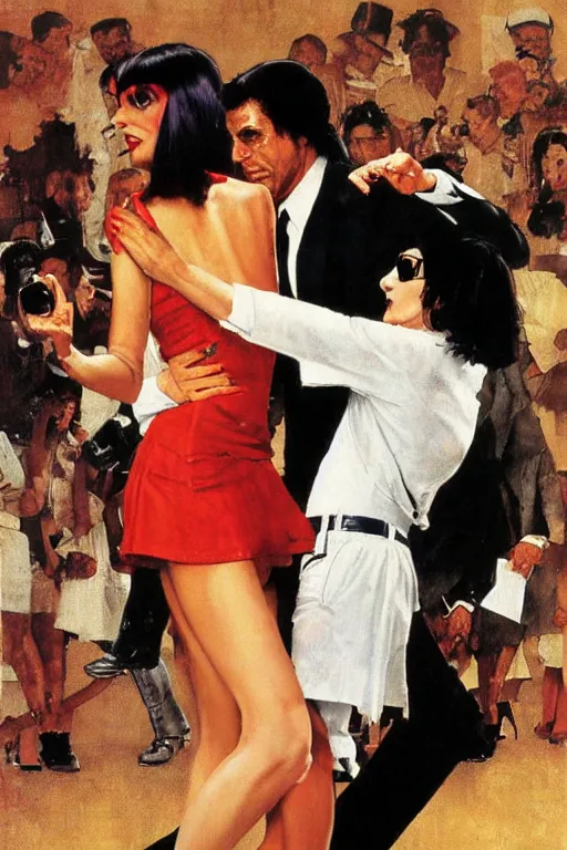 Image similar to Mia Wallace and Vincent Vega dancing Pulp Fiction painted by Norman Rockwell