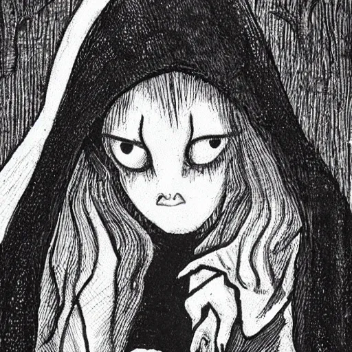 Image similar to a witch wearing a dark hooded cloak