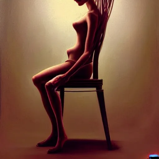 Prompt: a beautiful woman tied to a chair using spaghetti, painting by Charlie Bowater and Gerald Brom