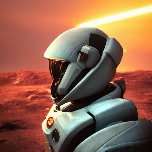 Prompt: beautiful portrait of a masculine mecha astronaut alone on a distant planet with spaceship destroyed, octane render, trending on artstation, hyperrealistic, character photography