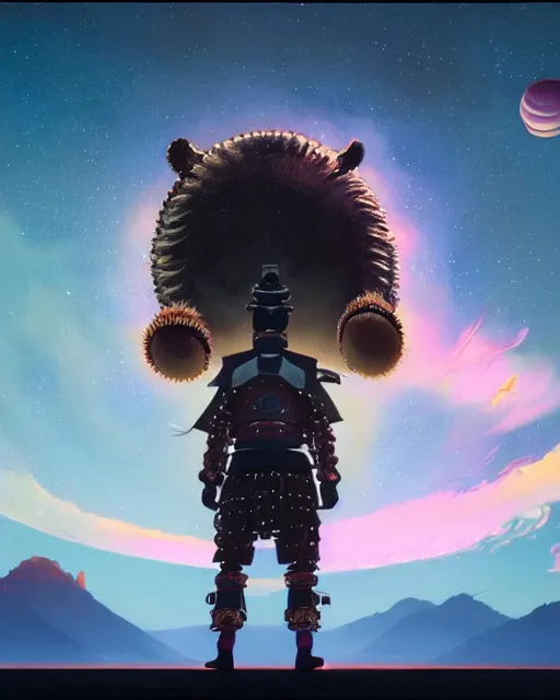 Image similar to highly detailed surreal vfx portrait of a metallic chromatic samurai bear in front of planets filled sky, stephen bliss, unreal engine, greg rutkowski, loish, rhads, beeple, makoto shinkai and lois van baarle, ilya kuvshinov, rossdraws, tom bagshaw, alphonse mucha, global illumination, detailed and intricate environment