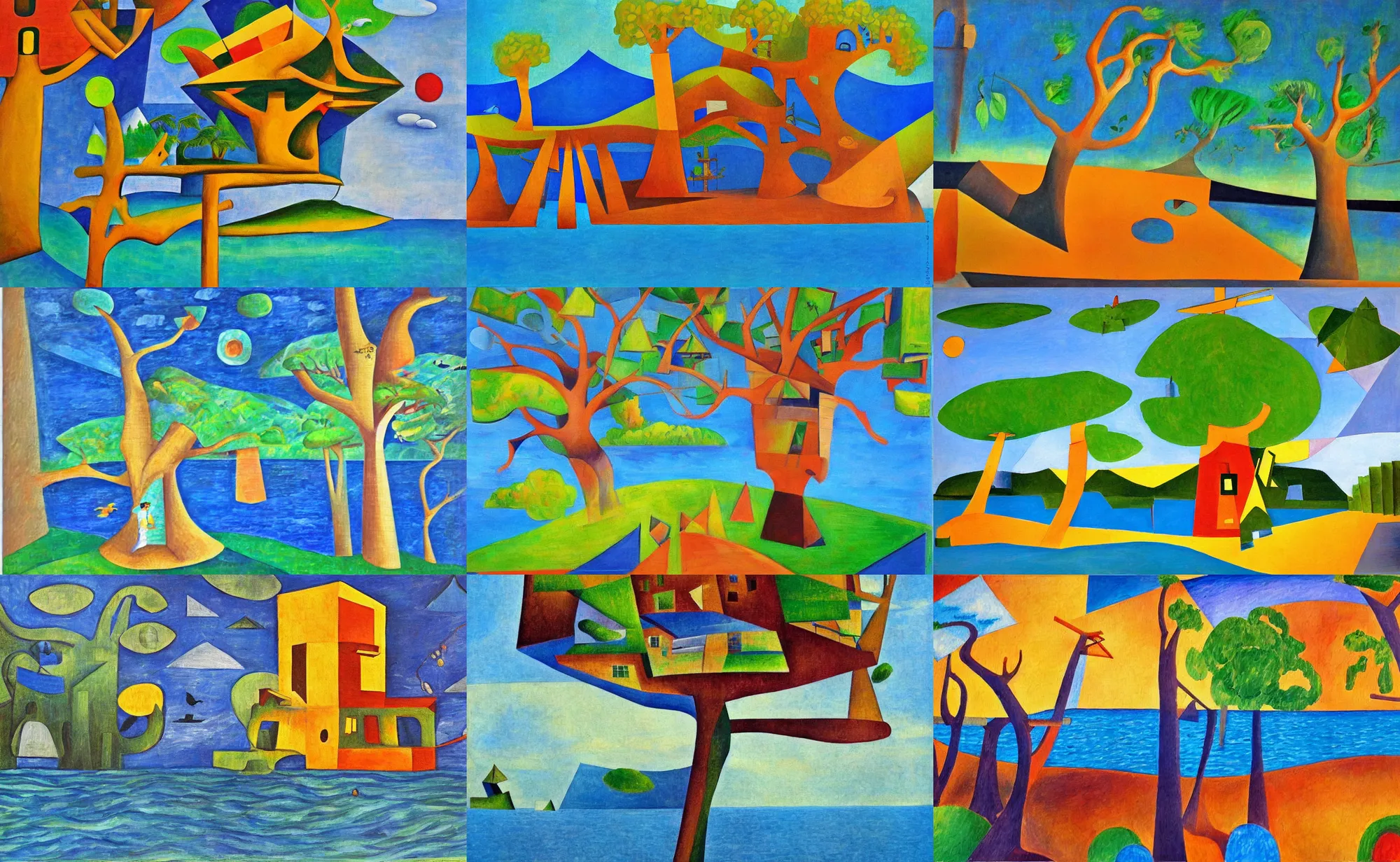 Prompt: cubism painting of a mystical island treehouse on the ocean