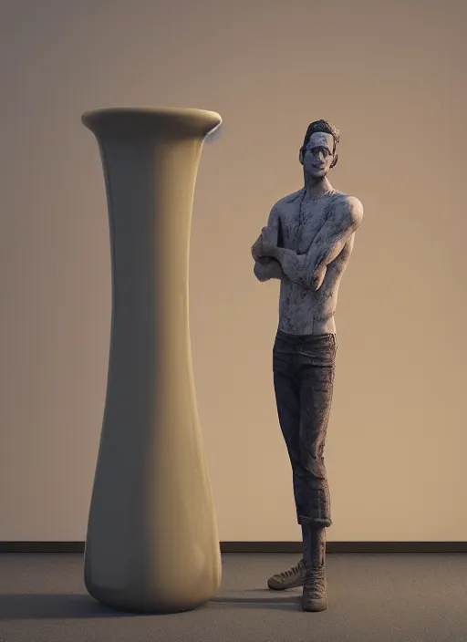 Image similar to a sculpture of a man standing next to a tall vase, a raytraced image by Hikari Shimoda, polycount, video art, vray tracing, ray tracing, rendered in unreal engine