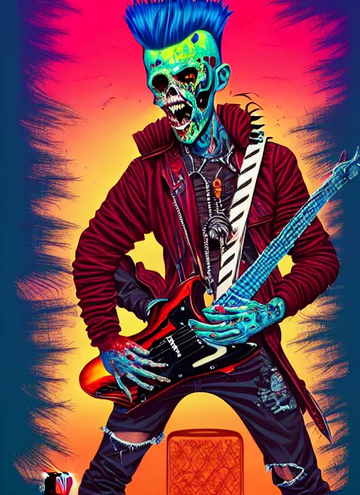 Image similar to a zombie punk rocker with a mohawk playing electric guitar, matty vogel, tristan eaton, victo ngai, artgerm, rhads, ross draws