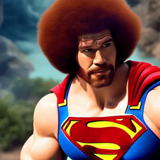 Image similar to movie scene of bob ross as superman,avengers,cinematic,hyperdetailed,photorealistoc,cinematic,professional lighting,professional compositong,8k,detailed face,muscular