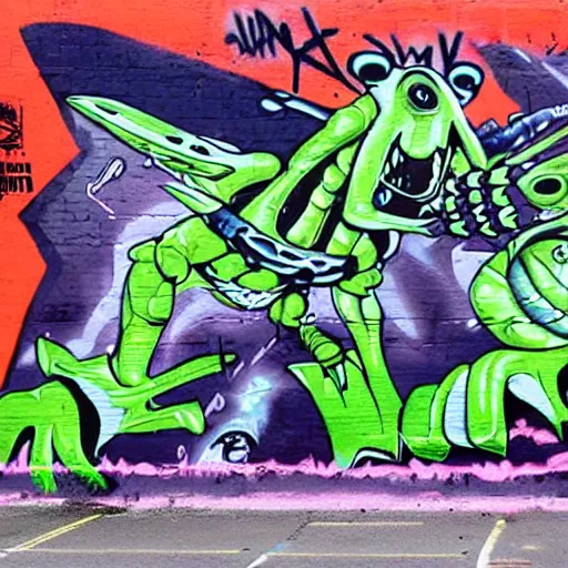 Prompt: aliens taking over a city, graffiti art