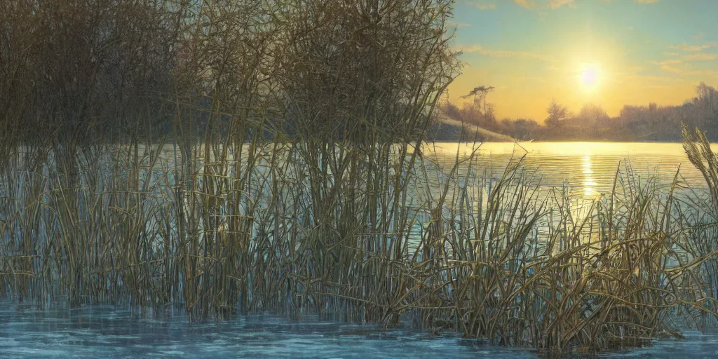 Prompt: a beautiful lake landscape, frozen, romantic ambiente, no people, tall grown reed on riverbank, no mountains, clear sky, sunshine, colorful, by Mohrbacher and Moebius and Alphonse Mucha and Roger Deakins, cinematic lighting, masterpiece, highly detailed, 8k resolution, trending on art station