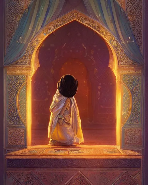 Image similar to a faceless bedouin child infront of a big open quran highly detailed, gold filigree, romantic storybook fantasy, soft cinematic lighting, award, disney concept art watercolor illustration by mandy jurgens and alphonse mucha and alena aenami, pastel color palette, featured on artstation