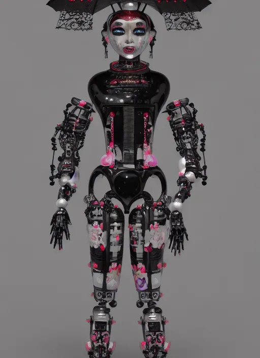 Image similar to full body portrait of a gothic japanese robot geisha with kanji tattoos and decals wearing a digital pixelated kimono, intricate design, photorealistic, octane render, raytraced, ultra fine detailed, character design, trending on artstation