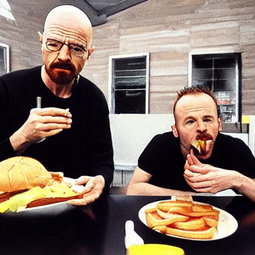 Image similar to walter white and jesse pinkman eating hamburger