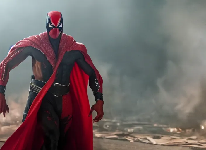 Image similar to film still of michael b jordan as spawn in the new spawn movie, giant chains, large cape, 8 k