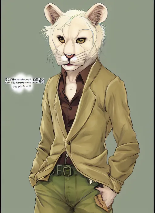 Prompt: character portrait of a male anthro albino mountain lion fursona with a cute beautiful attractive detailed furry face wearing a pale-yellow button down shirt and olive-green slacks in a old-timey saloon. hidari, color page, tankoban, 4K, tone mapping, Akihiko Yoshida. Nomax, Kenket, Rukis. comic book style, photorealistic, professional lighting, hyperdetailed, high resolution, high quality, dramatic, deviantart, artstation, 4k, real photo