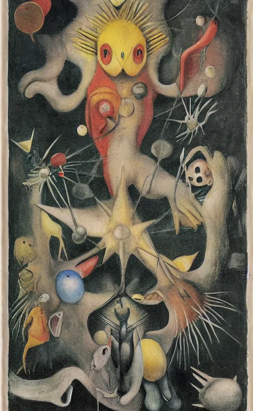 Image similar to an entirely new non-existing Pokemon, tarot card, beautiful frames, Leonora Carrington moebius Hieronymus Bosch Max Ernst dali Zdzisaw Beksiñski Roland Topor Henryk Plociennik