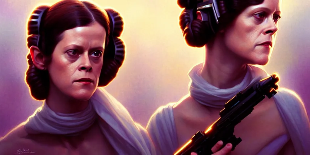 Image similar to young sigourney weaver as princess leia, cinematic, highly detailed, digital painting, artstation, concept art, matte, sharp focus, illustration, art by artgerm and greg rutkowski and alphonse mucha