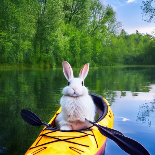 Image similar to a rabbit posing with a kayak next to a calm swedish river, 4k photorealistic