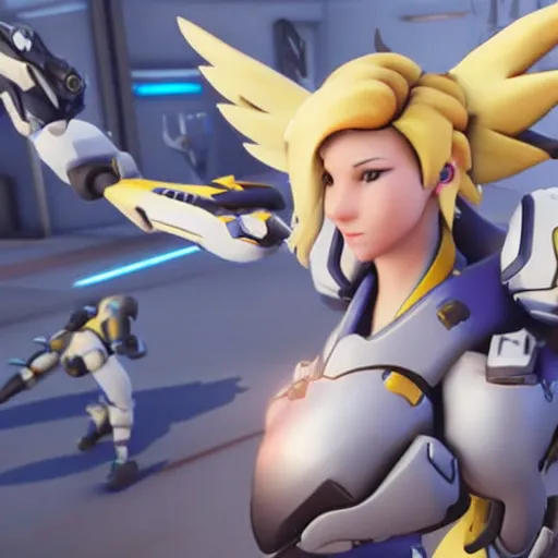 Image similar to mercy from overwatch flying above her team healing them as they push the payload across the map, unreal engine 5 4 k