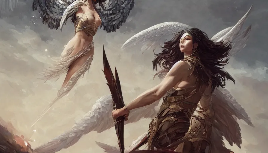 Prompt: A beautiful detailed painting of a female angel warrior reigns on a magical foresby greg rutkowski and Kalin Popov , Trending on artstation HD.