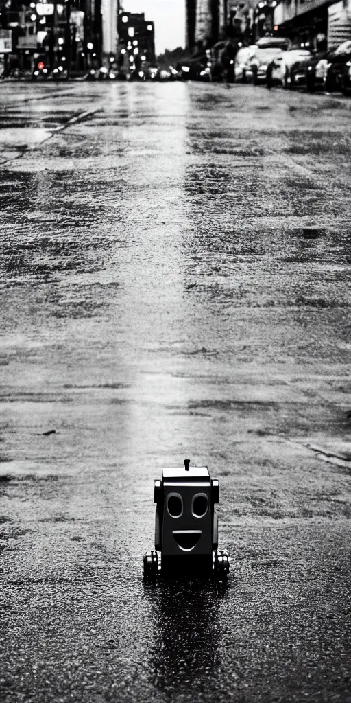 Image similar to robot on the road, city, photo, rain,