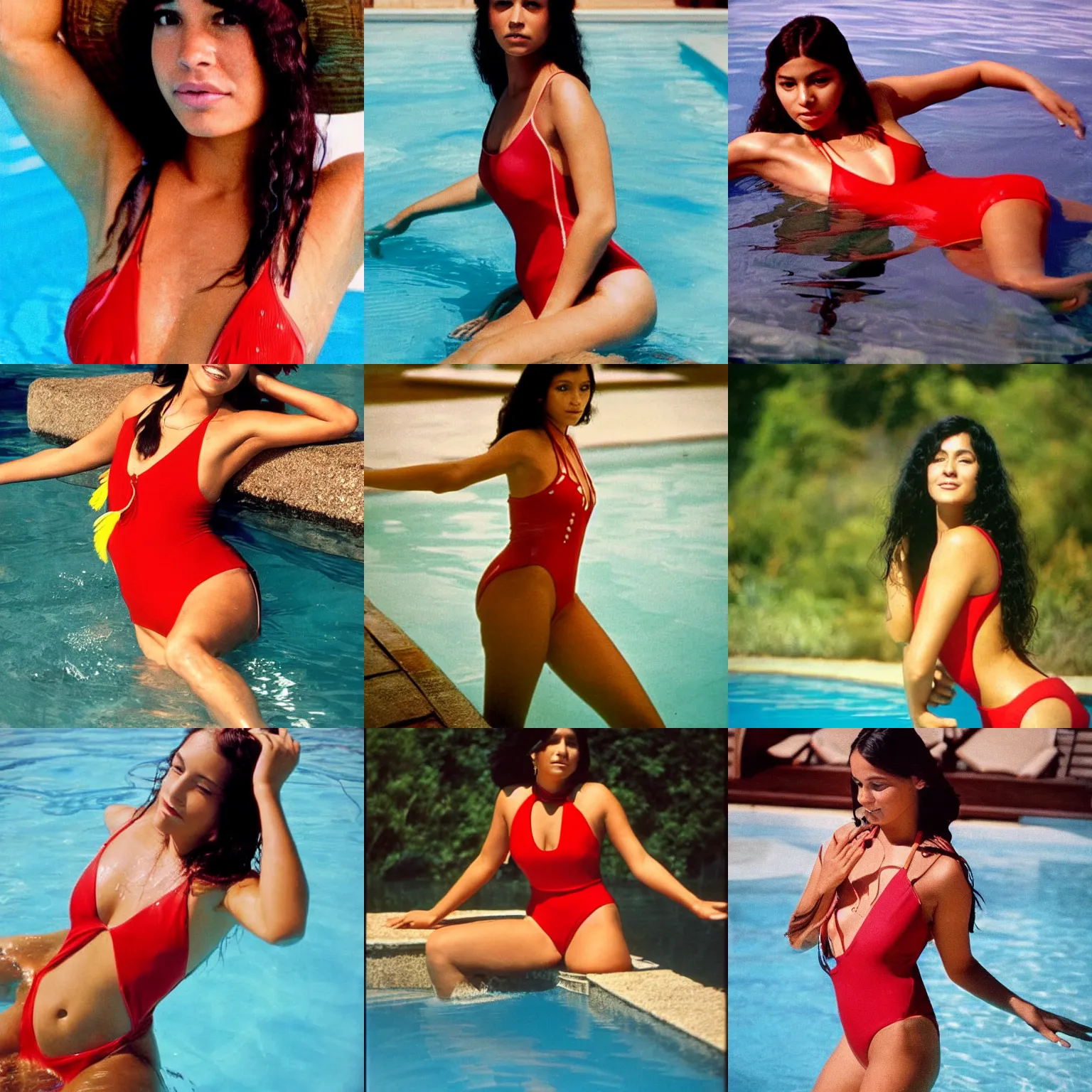 Prompt: clear photo of a beautiful and young female singer of native american descent in a pool with a red swimsuit taken in 1 9 7 6, high quality, highly detailed 7 0 s style photography, long dark hair, elegant pool, trending on pinterest, aesthetically beautiful, elegant