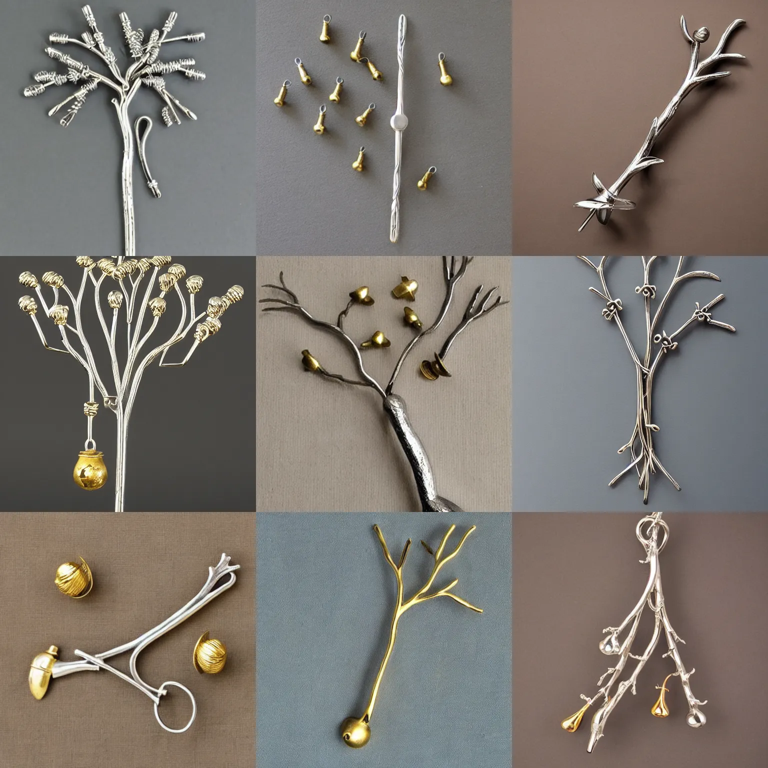 Prompt: This silver implement is shaped like a tree branch and is strung with small golden bells.