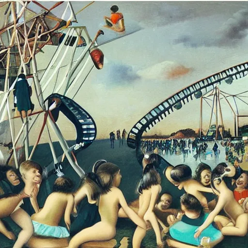 Image similar to famous oil painting of girls comb their hair in rear view mirrors, boys try to look tough, the amusement park rises bold and stark, kids are huddled on the beach in a mist, by neo rauch