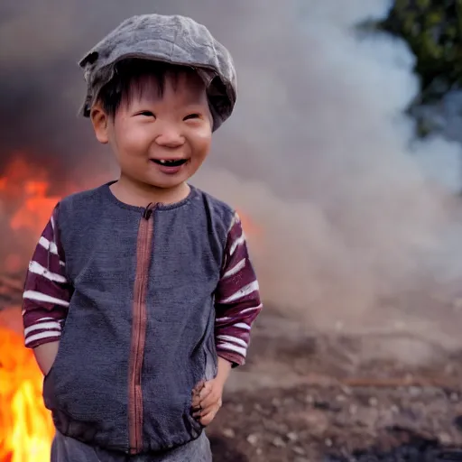 Prompt: evil baby justin sun with mischievous smile in front of burning house, cinematic composition