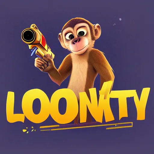 Image similar to “ logo of a monkey in the style of zootopia holding laser gun, with a black background, digital art, award winning, trending on art station, retro style ”