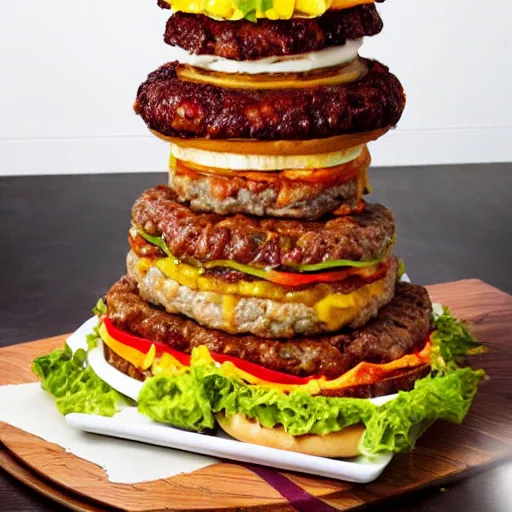 Image similar to a photograph of a giant cheeseburger tower, cooked to perfection, chefs table, netflix, gourmet, three michelin star