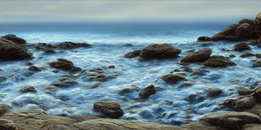 Image similar to rocky seashore, dawn, countryside, peter sculthorpe, painting, artstation