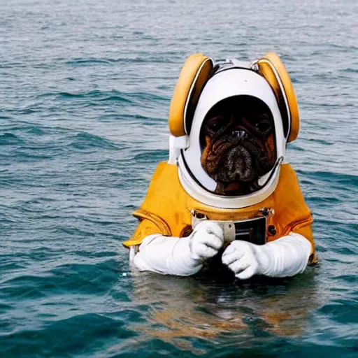 Image similar to a dog taking a dump wearing an astronaut helmet, in the middle of the ocean