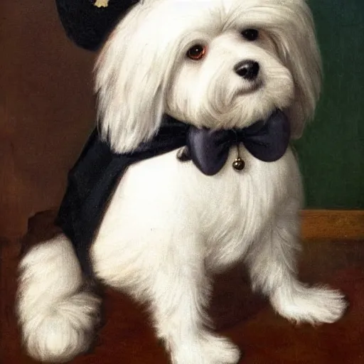 Image similar to A coton de tulear dog with black fur dressed up as a dapper english gentleman wearing a monocle and holding a pipe, renaissance oil painting, highly detailed