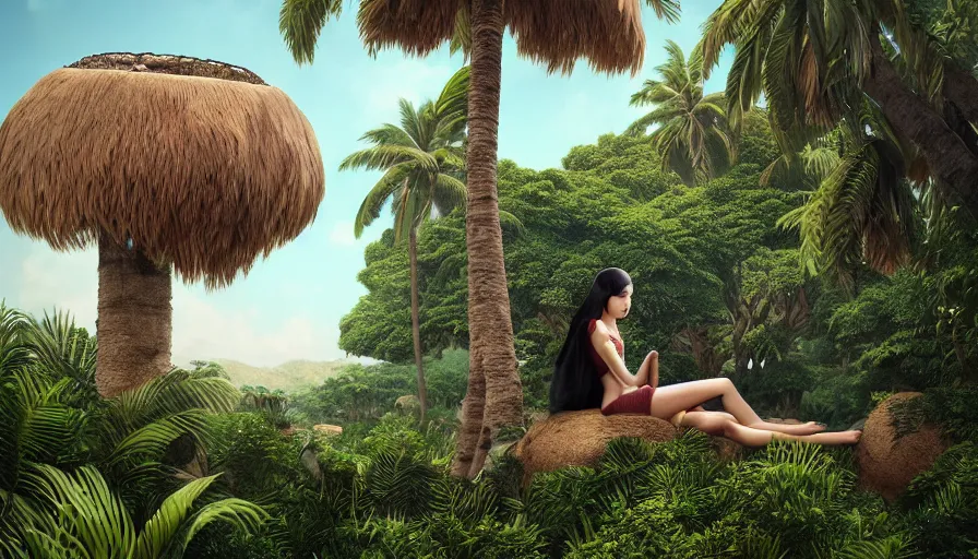 Image similar to very very small cat, sitting on a gigantic coconut tree in socotra island by ilya kuvshinov, rtx rendering, octane render 1 2 8 k, maya, extreme high intricate details by tom bagshaw, medium shot, close up shot, composition by sana takeda, lighting by greg rutkowski